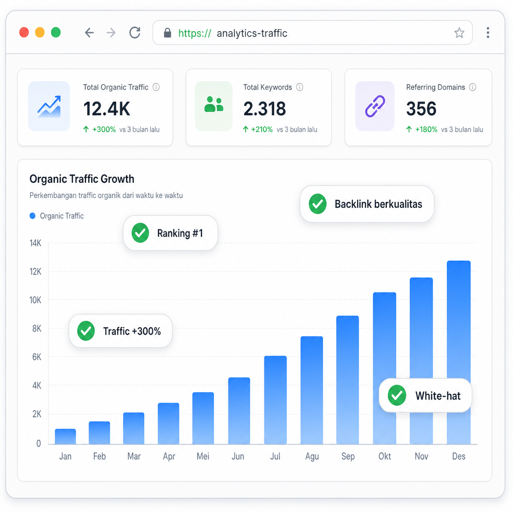 Ilustrasi dasbor analitik: grafik batang traffic organik yang naik bertahap, dengan label ranking #1, backlink berkualitas, traffic +300%, dan white-hat