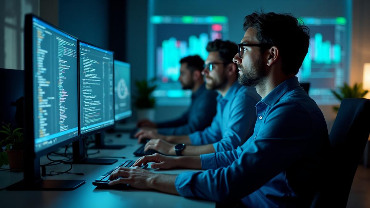 Tim profesional sedang memperbaiki masalah website dengan dashboard monitoring dan tools debugging