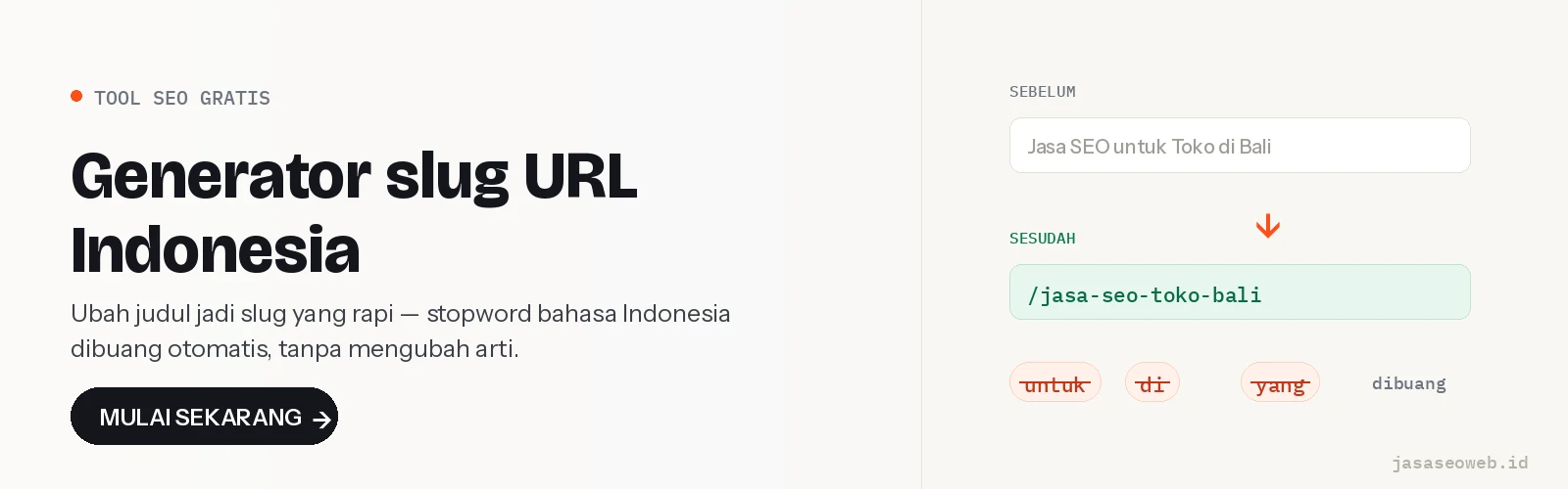 Generator slug URL Indonesia — ubah judul halaman jadi slug rapi, stopword bahasa Indonesia dibuang otomatis.