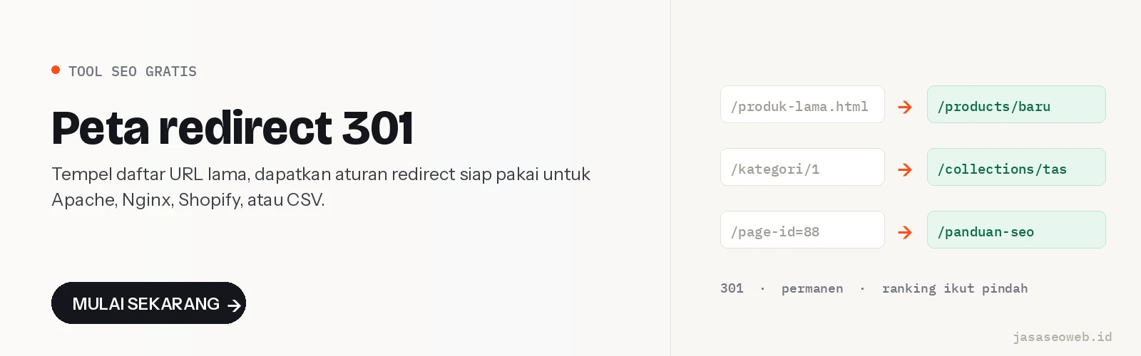 Peta redirect 301 — ubah daftar URL lama jadi aturan redirect siap pakai untuk Apache, Nginx, Shopify, atau CSV.