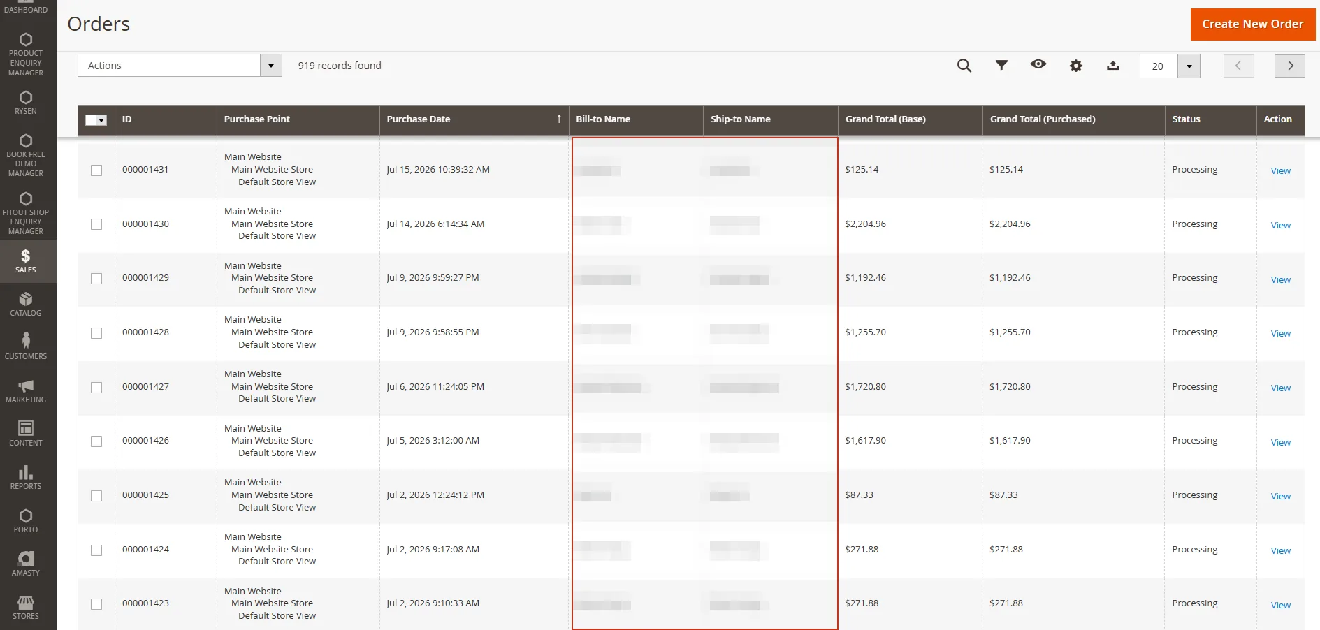 Panel Orders di admin Magento memperlihatkan 919 pesanan, dengan kolom nama pelanggan sengaja dipiksel untuk melindungi data pribadi