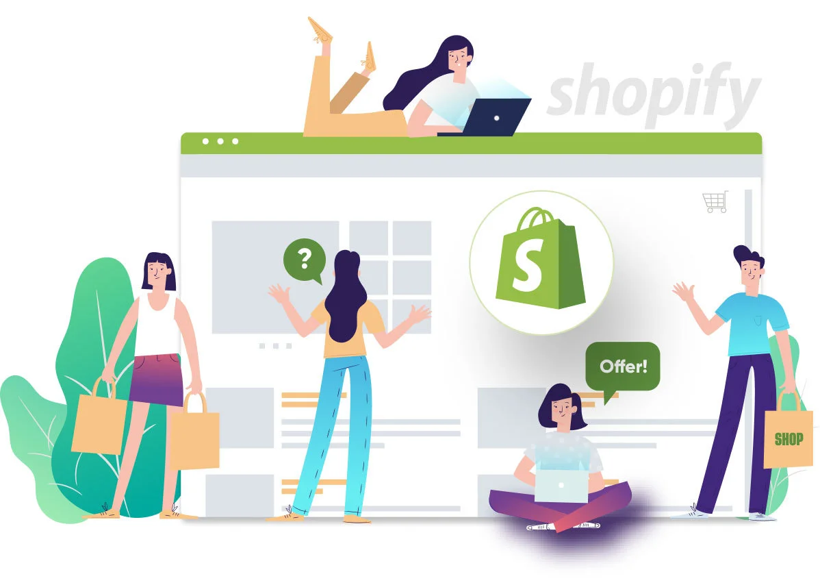Ilustrasi toko online Shopify: etalase produk, keranjang belanja, dan penawaran — menggambarkan hasil optimasi SEO Shopify