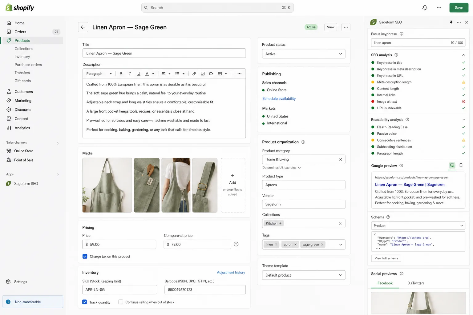Tampilan admin Shopify pada halaman produk: kolom judul, deskripsi, meta description, alt text gambar, schema Product, dan Google preview yang kami optimasi
